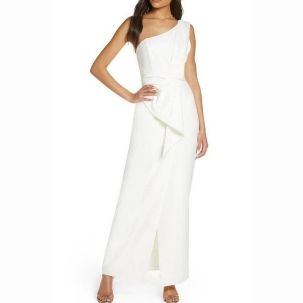 🔥NWT Eliza J Women's Petite Draped One-Shoulder Gown, Size 12P